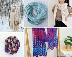 there are many different knitted scarves in this collage