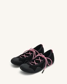 Caitlin Lace-up Ballerina Sneakers  - Black Black Stretch Slip-on Sneakers, Black Flat Sole Walking Shoes For Sports, Black Stretch Synthetic Sneakers, Black Stretch Sneakers With Round Toe, Black Walking Shoes For Spring Sports, Black Flat Walking Shoes For Sports, Sporty Black Flat Walking Shoes, Synthetic Stretch Sneakers With Round Toe, Stretch Synthetic Sneakers With Round Toe