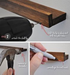 the instructions for how to make a diy wood shelf with pipe cutters and glue