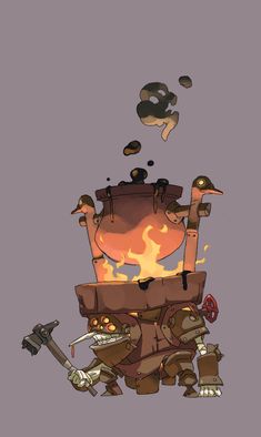 an image of a cartoon character sitting in front of a fire pit with two axes