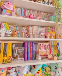 the shelves are filled with many different kinds of stuffed animals, books and other toys