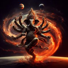 an image of the god ganesha dancing on fire with planets in the background