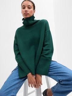 Relaxed Turtleneck Tunic Sweater | Gap Factory Turtleneck Tunic Sweater, Brunch Fashion, Turtleneck Tunic, Top Fashion Bloggers, Long Denim Skirt, Womenswear Fashion, Gap Sweater, Ribbed Turtleneck, Cute Fall Outfits