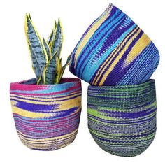 two colorful baskets with plants in them on a white background