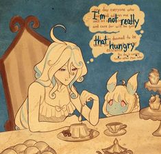 a drawing of a woman sitting at a table with food and an empty thought bubble above her