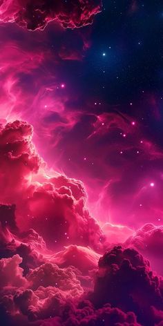 the sky is filled with pink clouds and stars in the distance, as if they were floating