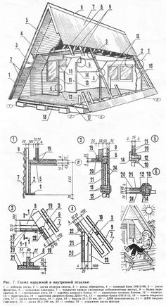 an old drawing of a house with measurements and drawings on the front, side and back