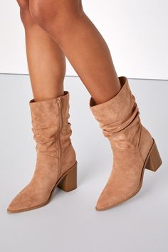 Running around town has never been more stylish and it's all thanks to the Lulus Penelopie Light Nude Suede Pointed-Toe Mid-Calf Boots! Formed by soft faux suede, these essential fall boots start with a classy pointed-toe upper that rises to a slouchy 8.5"" mid-calf shaft with a 10"" zipper at the instep and a 12.5"" circumference. A stacked, wood-look block heel lends an effortless finish to the chic design! 3. 25" stacked wood-look block heel. Lightly cushioned insole. Felted rubber sole has n Trendy Boots, Fall Boots, Lulu Fashion, Fall Essentials, Boots Fall, Calf Boots, Mid Calf Boots, Heel Boots, High Heel Boots