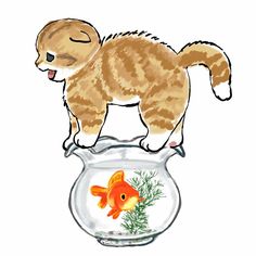 a drawing of a cat standing on top of a fish bowl with a goldfish in it