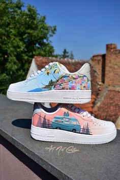 PRICE INCLUDES THE SHOES (BRAND NEW AF1 LOW) + THE ARTIST WORK + SHIPPING This ✈️Travel🎡 custom is made to order, hand-painted shoes with professional paint Angelus Brand and with additives for this custom to last a long time. Also they are unique and no two pairs of shoes will have the exact same design. 🎁 At each order, you will receives as a gift some personalized stickers, depending on the theme of the custom, which you can apply on any clean surface. The stickers are made of quality mater Artistic White Custom Sneakers For Streetwear, Custom White Skateboarding Sneakers, Custom White Sneakers For Skateboarding, Artistic Custom Sneakers With Artwork For Streetwear, Artistic Custom Sneakers With Custom Artwork For Streetwear, Custom Low-top Sneakers For Skateboarding, Artistic Low-top Custom Sneakers For Streetwear, Custom Artwork Sneakers For Streetwear With White Sole, Custom Artwork Low-top Sneakers For Streetwear