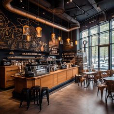 the interior of a coffee shop with tables and chairs