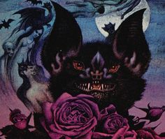 a painting of a bat surrounded by roses and bats with the moon in the background