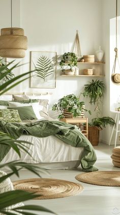 a bedroom with plants and wicker baskets on the floor