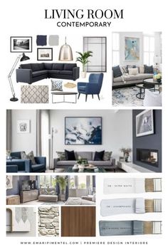 Living Room | Home Decor | Emari Studio Gray White Blue Living Room, Blue And Grey Living Room Color Scheme, Contemporary Living Room Mood Board, Grey Mood Board, Gray Color Palette Living Room, Contemporary Living Room Colors, Contemporary Mood Board, Living Room Moodboard, Modern Contemporary Interior Design