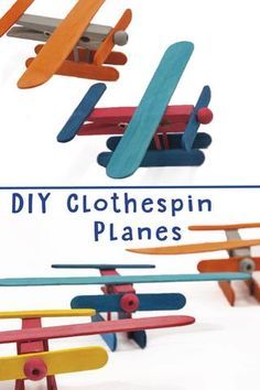 an image of wooden clothespin planes flying in the air with text overlay that reads diy clothespin planes