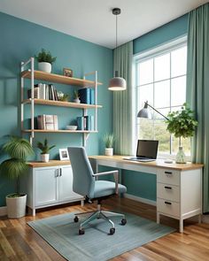 a home office with blue walls and wooden floors