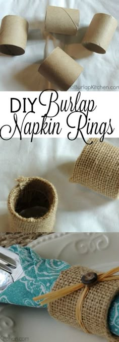 burlap wrapped napkin rings and scissors on a white sheet with text overlay that says diy burlap napkin rings