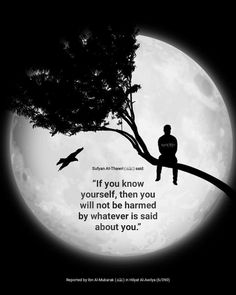 a man sitting on top of a tree next to a full moon with a quote