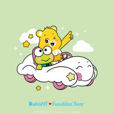 a cartoon bear riding on top of a cloud