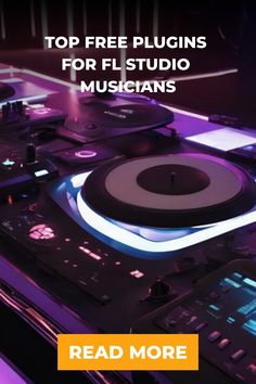 DJ equipment with neon lighting and text promoting "Top Free Plugins for FL Studio Musicians". Studio Monitors