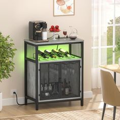 a small cabinet with wine bottles and glasses on it in front of a dining room table