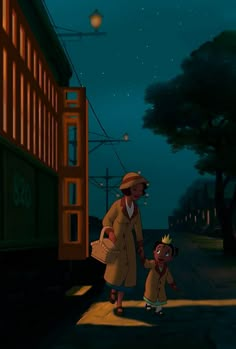 an animated image of a woman and child walking down the street in front of a train