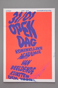 an orange and purple poster with the words open dag on it's side