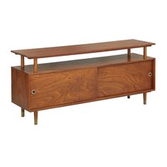 a wooden entertainment center with two drawers on one side and an open shelf on the other