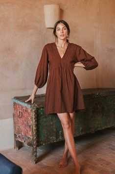 ALMA Mini Dress - chocolate cotton Fall Dresses Work, Modest Womens Fashion Casual, Burnt Orange Dress Casual, Curdoroy Dress, Boots And Dresses, Fall Dresses Casual, Dresses And Boots, Hipster Clothing, Boho Dress Short