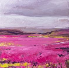 an abstract painting of pink and yellow flowers in the foreground, with grey clouds overhead