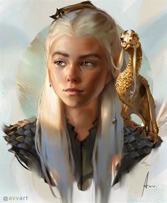 a digital painting of a woman with white hair and a golden dragon on her shoulder