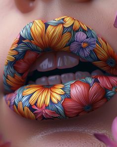 a woman's lips with flowers painted on them