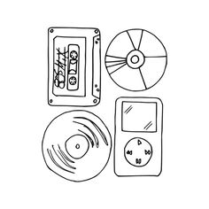 a drawing of an mp3 player, cd and tape recorder on a white paper background