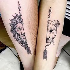 two people with tattoos on their legs, one has a lion and the other has a bear