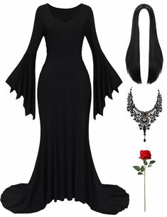 PRICES MAY VARY. 5pcs Halloween Costume Set Included: 1* long black dress, 1* 27" long black wig, 1* rose flower, 1* gothic necklace, wig caps, perfect for gothic theme costume party Comfortable Material: long black dress made of high quality stretchy fabric (high-density polyester, is opaque), very soft touch, stretchy, breathable, and super comfortable, can also be reused for many times Unique Design: retro style black gothic dress with deep V-Neck, long flared sleeves, high waist, floor lengt Adult Women Halloween Costumes, Halloween Costume Women, Black Gothic Dress, Gothic Theme, Costumes 2024, Gothic Costume, Cute Black Dress, Costume Women, Costume Themes