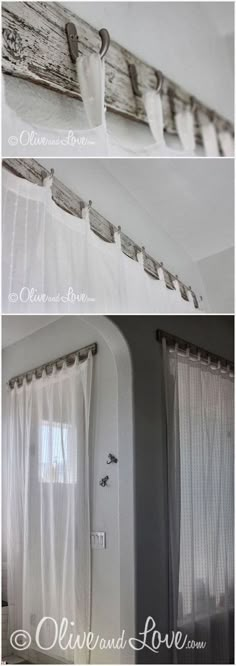 two pictures of curtains hanging on the side of a window