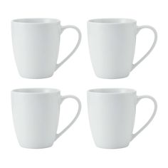 four white coffee mugs sitting next to each other