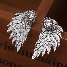 Black Gold Silver Plated Gothic Angel Wings Rhinestone Alloy Stud Earrings Flirty Gift, Jewelry Angel, Gothic Angel, Fashion Angels, Jacket Earrings, Ear Jacket Earring, Earring Jackets, Crystal Angels, Silver Wings