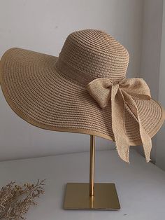 Khaki Basics Collar  Polyester   Embellished   Women Accessories Sun Hat With Bow, Women Straw Hat, Woven Hat, Wide Brim Straw Hat, Floppy Sun Hats, Daily Hairstyles, Straw Sun Hat, Sun Cap, Wide Brim Sun Hat