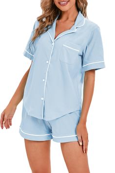 PRICES MAY VARY. Material: 48% Cotton, 47% TENCEL Modal. Experience the perfect harmony of luxury and comfort with this unique fabric combination. Luxuriously soft TENCEL Modal ensures a gentle caress against your skin, while the addition of cotton provides breathability and durability for a good night's sleep. Elevate your loungewear with our premium short pajama set, designed to keep you cool, comfortable, and stylish all night long. Design: Short sleeve shirt has a left chest pockets and butt Summer Sleepwear, Personalized Pajamas, Pajamas For Women, Pyjama Sets, Bamboo Pajamas, Cotton Pajamas, Short Pj Set, Soft Pajamas, Loose Fitting Tops