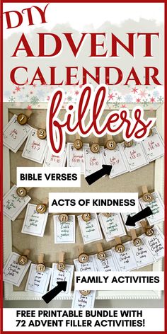 the diy advent calendar fillers are organized on a bulletin board