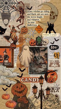 halloween collage with pumpkins, ghost and other things on it's side