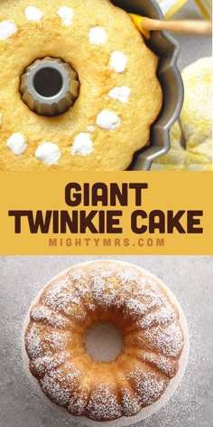 there is a giant donut with white icing on it and the words giant twinkie cake above it