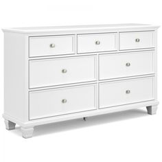 a white dresser with six drawers and two doors on the bottom, in front of a white background