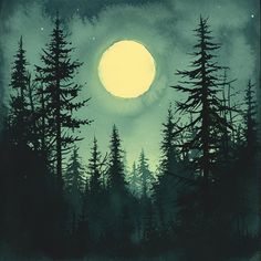 a painting of trees and the moon