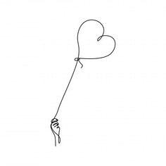 a single line drawing of a person holding a heart - shaped balloon in the air