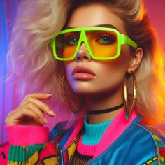 a woman with blonde hair wearing neon colored glasses and a colorful sweater is posing for the camera