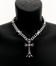 * Stainless Steel Chain & Charm * Includes a 3" extension for adjustability * Handmade in Los Angeles Chrome Hearts Chain, Cross Necklace Aesthetic, Barbed Wire Cross, Silver Cross Jewelry, Winter Moodboard, Dope Jewelry Accessories, Silver Cross Necklace, Custom Bling, Charm Chain