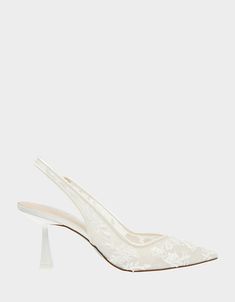 a pair of white high heeled shoes with an open toe and lace on the side