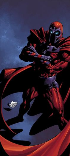 an image of a man in red and black costume with his cape flying through the air